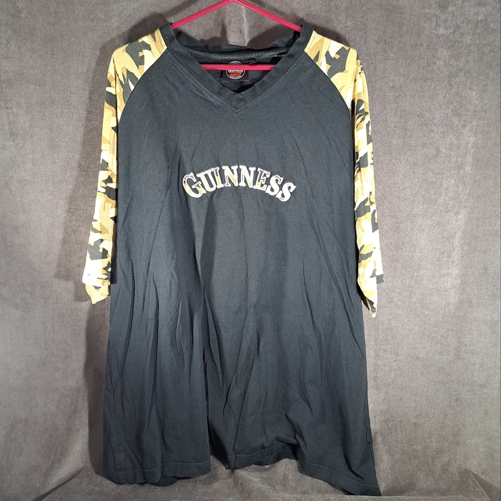 Guinness Black with Desert Camo V Neck Patch Logo Graphic Tee G- XXL